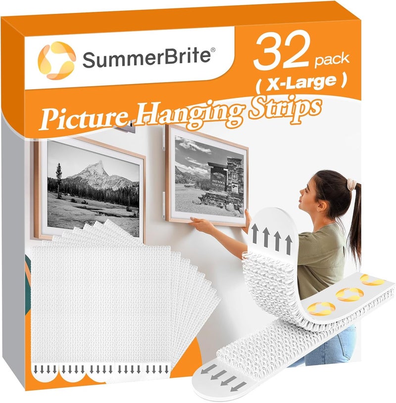 Summerbrite Large Picture Hanging Strips Heavy Duty(XL/16Lbs) 16Pairs/32 Strips Damage Free Wall Sticky Picture Hangers Without Nails, Removable Hook and Loop Adhesive Strips for Poster Frame Hanging Decor - Image 1